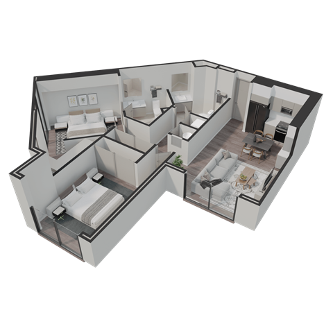 Floor plan for 2 beds, 2 baths, 954 sqft